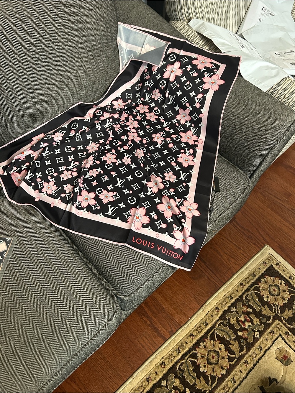 Louis Vuitton Black and Pink Monogram Floral Silk Scarf - Picture 3 of 4